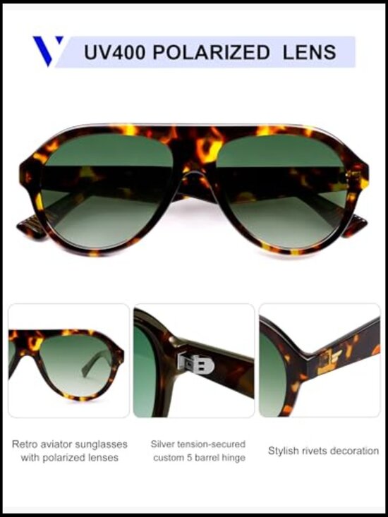 Retro Aviator Polarized Sunglasses Plastic Frame UV Protection